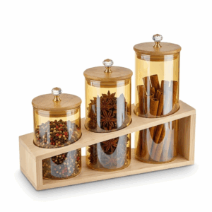 Porte Epices Ltf*6-30 - 3 Boîtes De Rangement En Verre - Avec Support En Bois